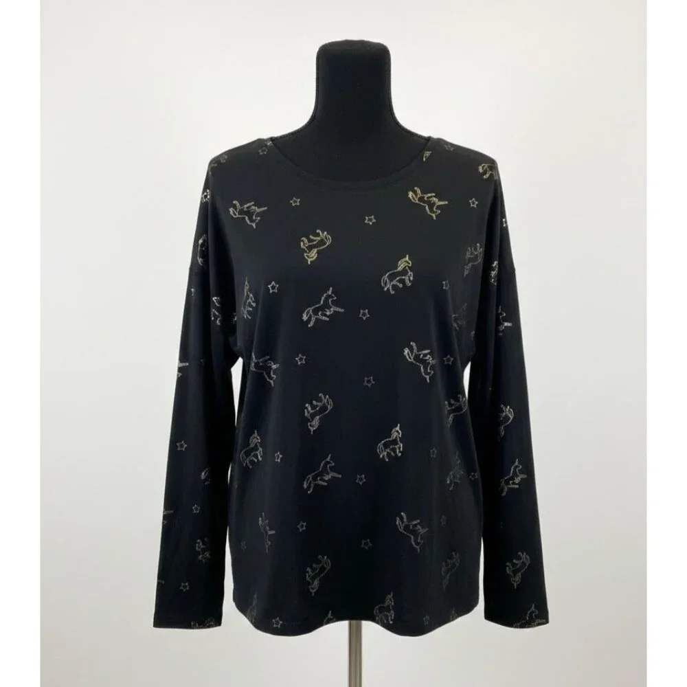 Vintage Old Navy Gold Foil Unicorn‎ Long Sleeve Top - Black & Metallic Gold XXL